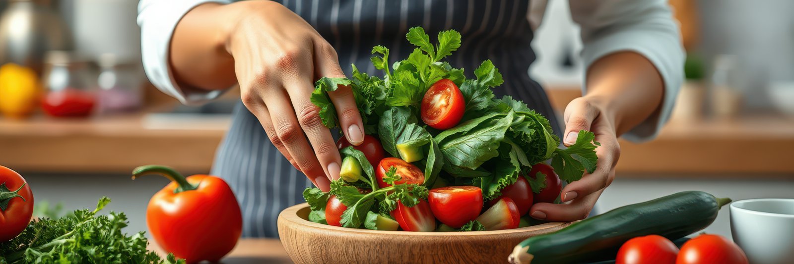Preparing fresh salad with vibrant vegetables in a cozy kitchen setting during the day